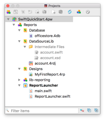 Screen shot of Projects view with report added to Designs node.