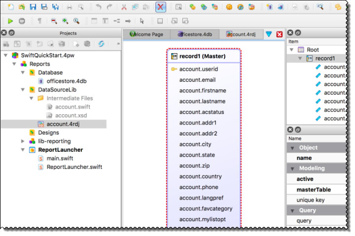 Screen shot showing project and data model diagram.