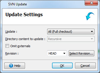 This figure is a screen shot of the SVN Update dialog. See the surrounding text for more information about the SVN update process and the fields shown.