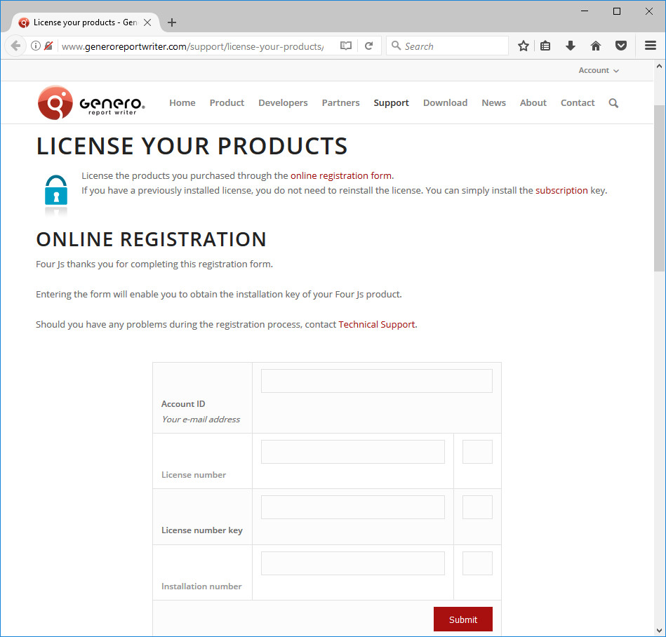 The image shows the Online registration form on the License your products page on the Four Js Genero Report Writer web site at www.generoreportwriter.com