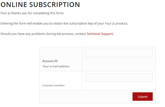 The image shows the Online subscription form on the License your products page of the Four Js Genero Report Writer web site (www.generoreportwriter.com).