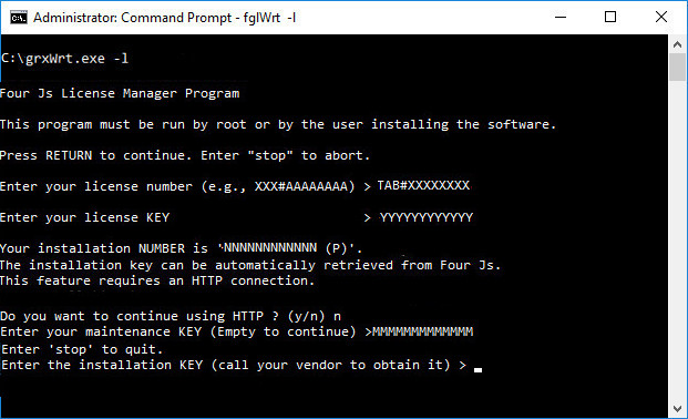 Screenshot of installation of license using the grxWrt -l command, output explains how to get the installation key and complete licensing.