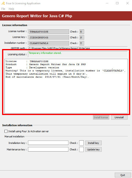 Image shows a screenshot of the Genero Report Engine for Java Licenser screen. The Licensing status field is shown highlighted displaying details license installed for Genero Report Writer for Java, C# and PHP.