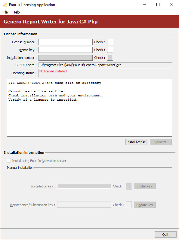 Image shows the Genero Report Engine for Java Licenser screen. The information displayed shows that no license is installed.