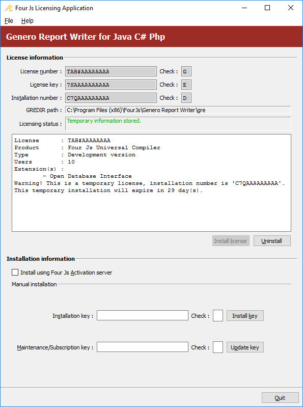 Image shows the Genero Report Engine for Java Licenser screen. The information displayed shows that no license is installed.