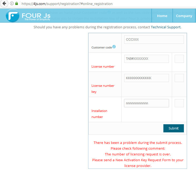 Screenshot shows the Four Js license registration page with a message to send a new activation key request to the license provider