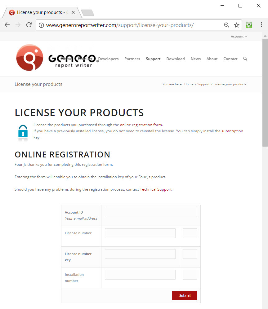 The image shows the Online registration form on the License your products page on the Genero Report Writer web site at www.generoreportwriter.com.