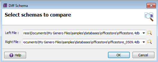 This figure shows the Diff Schema dialog which allows you to browse for meta-schema files to compare.
