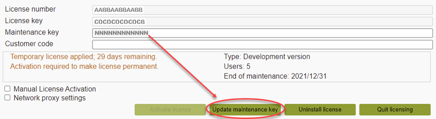Image shows the user interface with the maintenance key entered