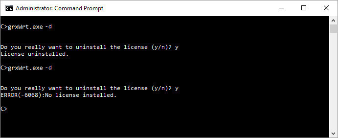 Image shows use of the grxWrt -d command to delete an installed license. Also shows the error message 6068, which is displayed when there is no license installed that can be deleted.