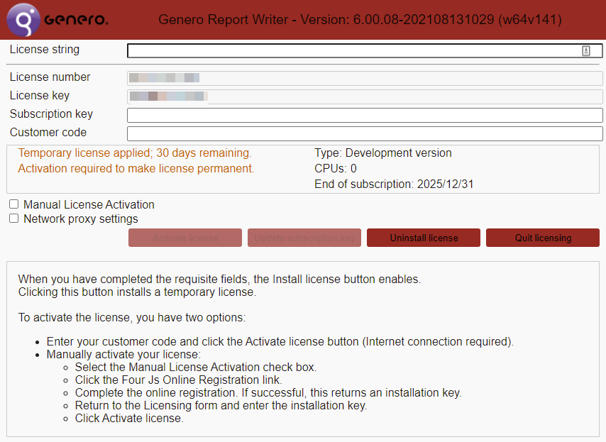 Image shows the Genero Report Engine for Java Licenser screen. The information displayed shows that no license is installed.