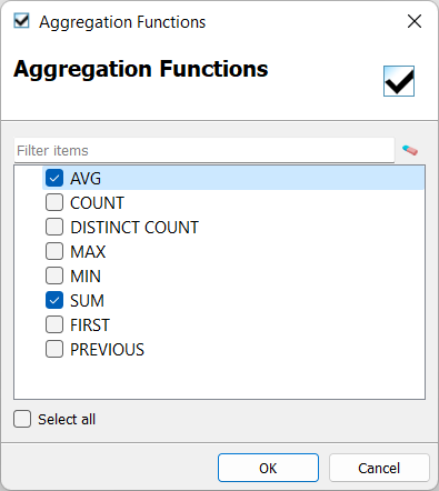 Screenshot of Aggregation Functions dialog.