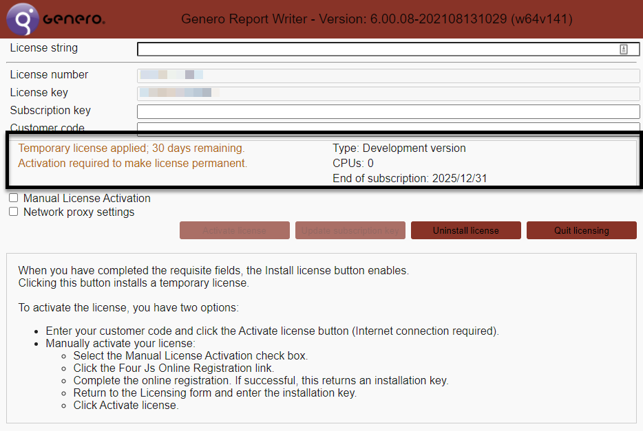 Image shows a screenshot of the Genero Report Engine for Java Licenser screen. The Licensing status field is shown highlighted displaying details license installed for Genero Report Writer for Java, C#, PHP, and Swift.