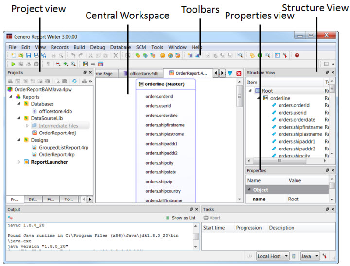 Screenshot of Genero Studio for Report Writer with parts of the framework identified.