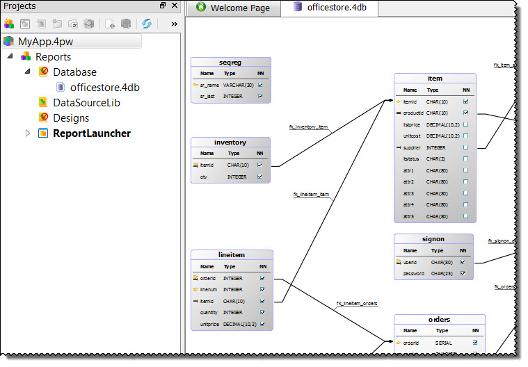 Screen shot showing updated Projects view and the officestore database diagram arranged in the work area.