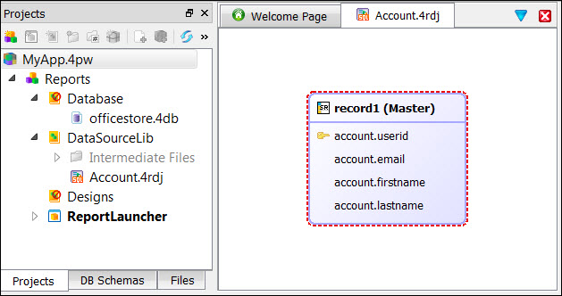 Screen shot showing project and data source record.