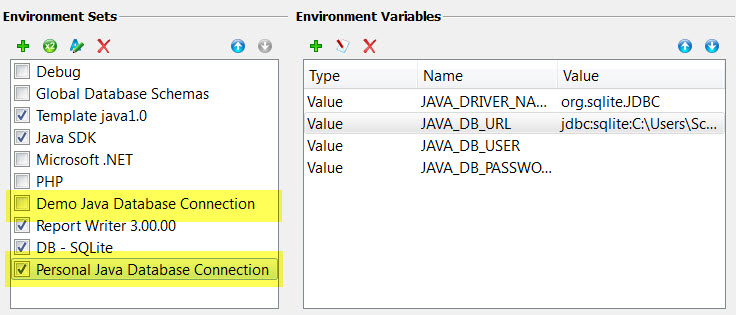 Screen shot showing copy of the database connection environment set.