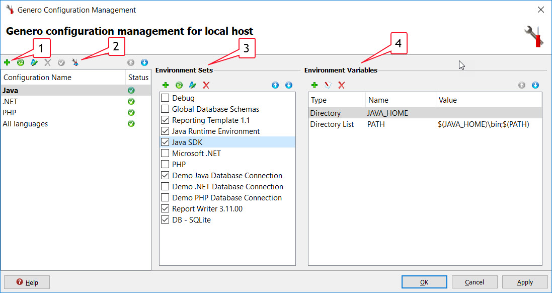 This figure is a screen shot of the Genero configuration management dialog, as it appears in Genero Report Writer.