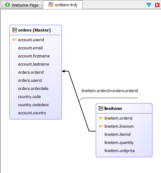 Screen shot of diagram of two records, orders and lineitems, with one being Master and the relationship shown.