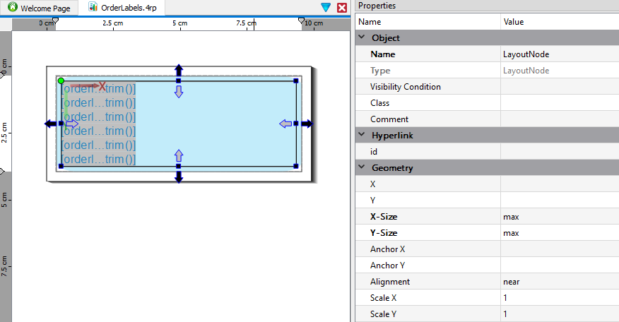 This figure is a screenshot which shows a LayoutNode selected in the work area and its properties displayed in the Properties View.