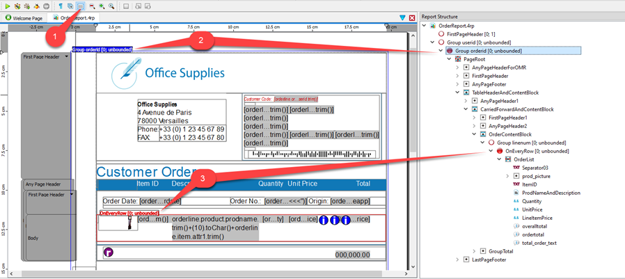 A screenshot of the OrderReport.4rp document showing repeated regions in the work area and associated triggers in the Report Structure view.