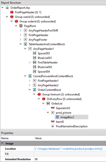 Drawing shows how to select the ImageBox2 element in the OrderReport demo