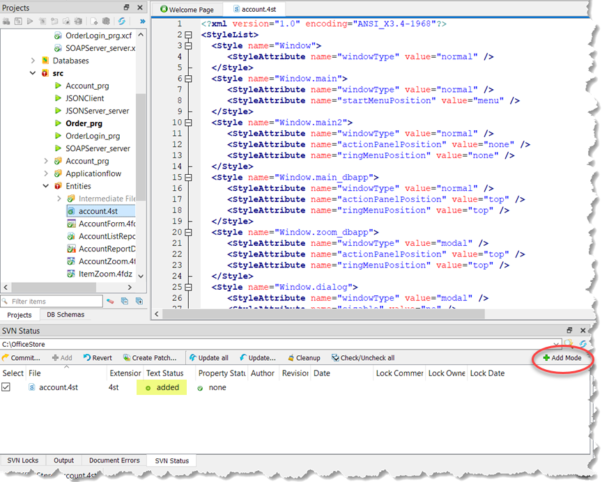 This figure shows a new file displayed by the Add Mode option in the SVN Status view.