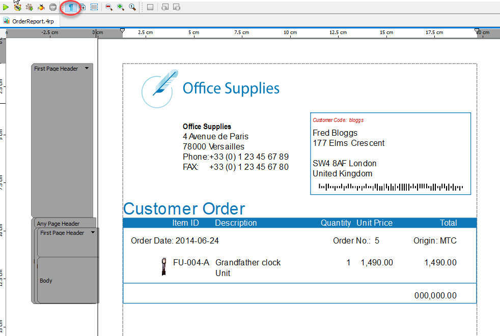 A screenshot of the OrderReport.4rp report in preview mode, showing sample data.