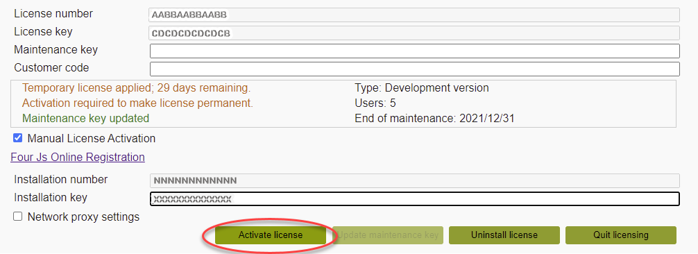 Image shows the licensing user interface page for manually installing your installation key and maintenance key.