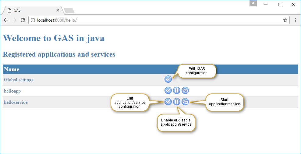 JGAS user interface home page showing the applications and services deployed in the war file.