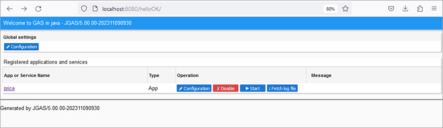 JGAS user interface home page showing the applications deployed in the war file.