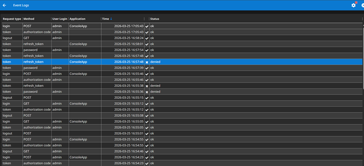 Screen shot of the event logs viewer in the GIP Console App.