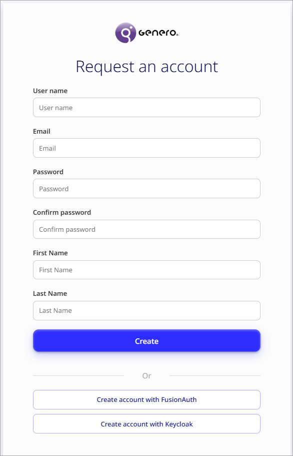 Create Account form showing user name, email, password, and optional name fields.