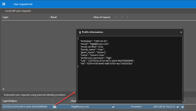Image of the userinfo returned by the external IdP endpoint