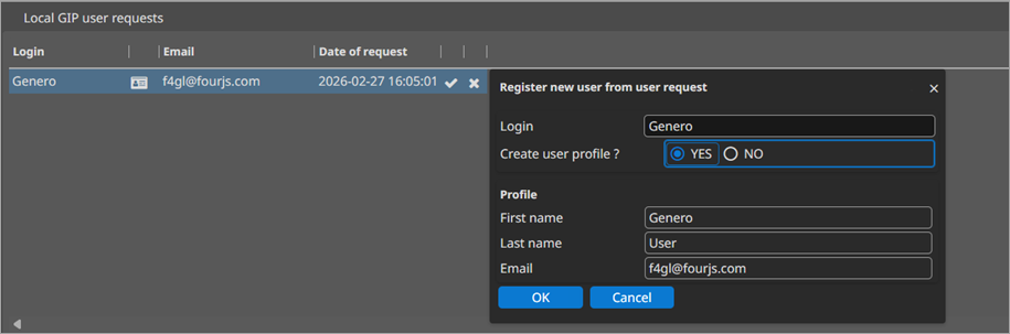Dialog for creating a user profile when validating a user request.