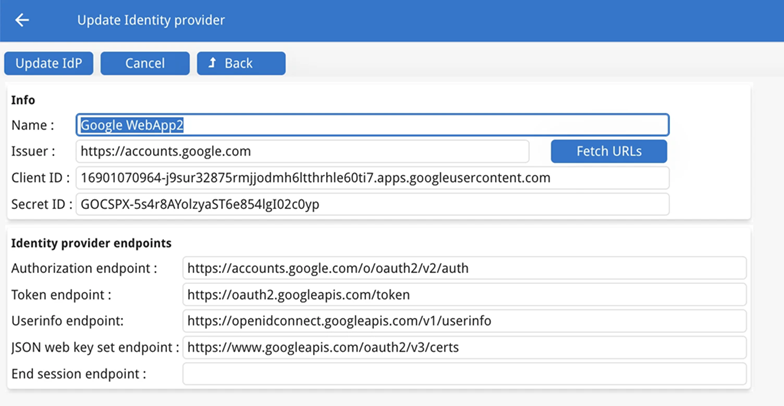 Image shows the Console App Update Identity Provider screen with endpoints populated by Fetch URLs