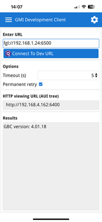 Screen of the Genero Mobile Development Client for iOS