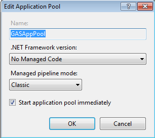 Image shows the recommended application pool configuration settings for GAS