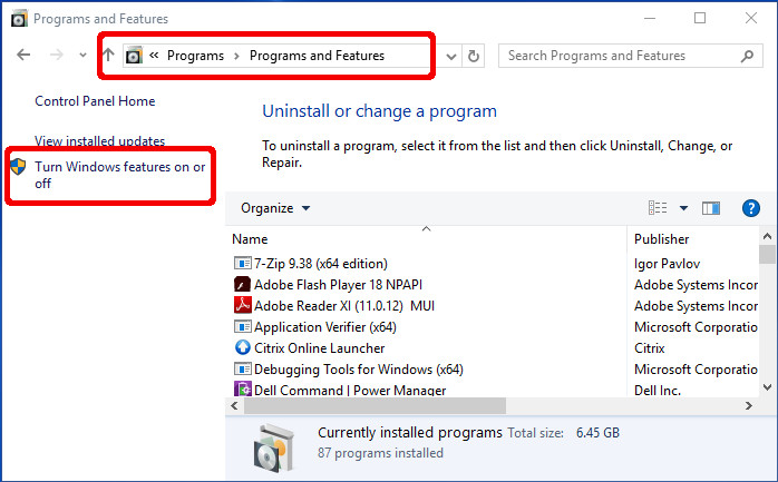 Turn Windows features on or off screenshot