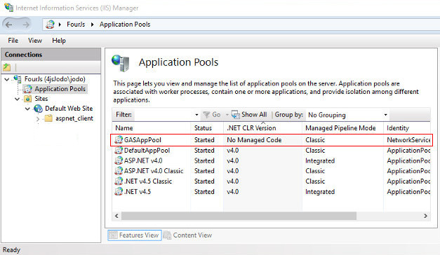 Internet Information Services (IIS) Manager Features View screenshot of Application Pools showing the application pool, "GASAppPool", added and highlighted