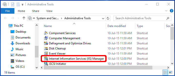Internet Information Services in Administrative Tools screenshot
