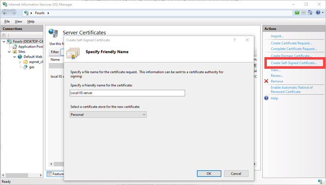 Internet Information Services (IIS) Manager Features View showing the create Self-Signed Certificate dialog