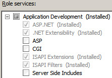 Role services dialog with ASP.NET, .NET Extensibility, ISAPI Extensions, and ISAPI Filters installed and checked.