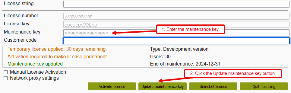 Image shows the user interface with the maintenance key entered