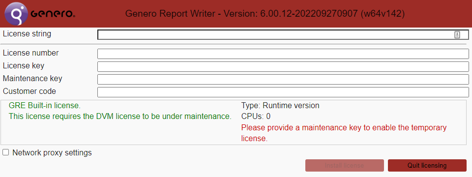 Image shows Genero user interface for licensing your Genero Report Engine.